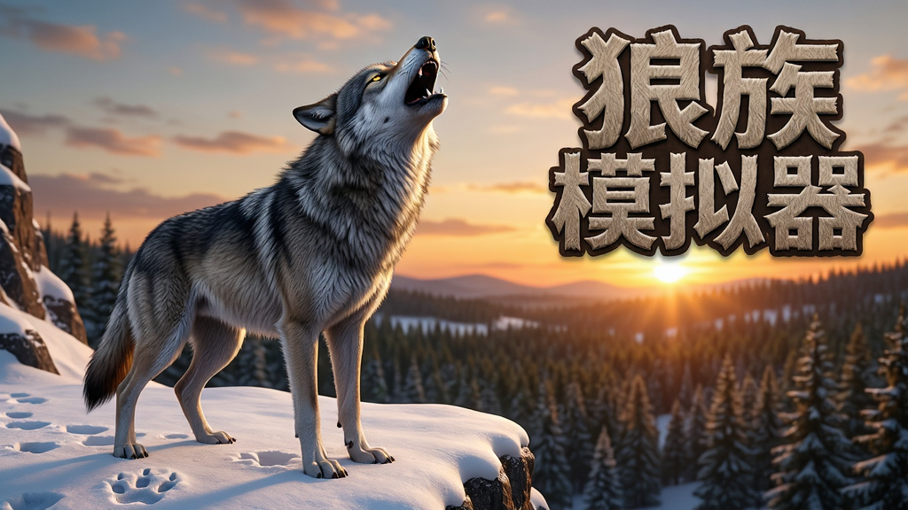 主体:《狼族模拟器》游戏主视觉,一只威风凛凛的灰狼站在雪地山崖上,仰天长啸,背景是广袤的森林与落日余晖。布局:狼居画面中央偏左,右侧留白放置游戏Logo“狼族模拟器”字样。排版:Logo采用粗犷的毛皮纹理字体,位于画面右上角。风格:写实3D渲染,光影自然,色彩浓郁。细节:狼的毛发根根分明,眼神锐利,雪地有爪印。画质:超高清4K,干净,无多余元素。