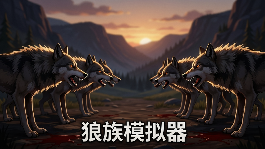 主体:《狼族模拟器》领地争夺战,两群狼在对峙,背景是黄昏的山谷。布局:两群狼分列左右,形成对峙态势。排版:画面中央下方有“狼族模拟器”字样。风格:紧张氛围,侧逆光勾勒轮廓。细节:低吼的嘴角、竖起的鬃毛、地面的血迹。画质:电影级画面,干净,无多余元素。