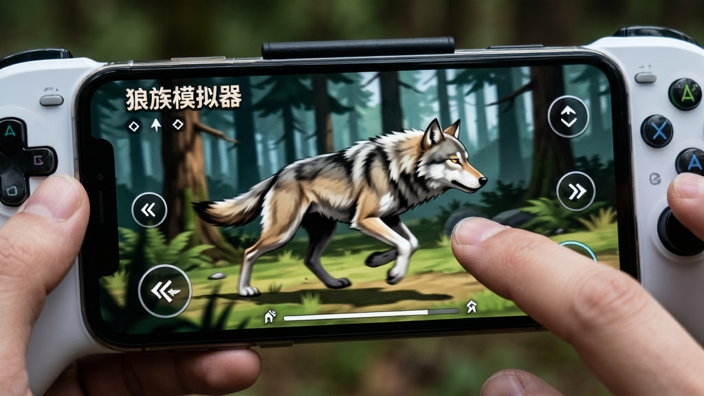 主体:玩家操作《狼族模拟器》的画面,手机横屏显示狼在森林中奔跑。布局:手机屏幕占据画面中央,周围是操作提示按钮。排版:屏幕左上角显示“狼族模拟器”字样。风格:实拍风格,手柄与手机结合。细节:手指触碰屏幕的痕迹、狼的奔跑动作。画质:清晰锐利,干净,无多余元素。