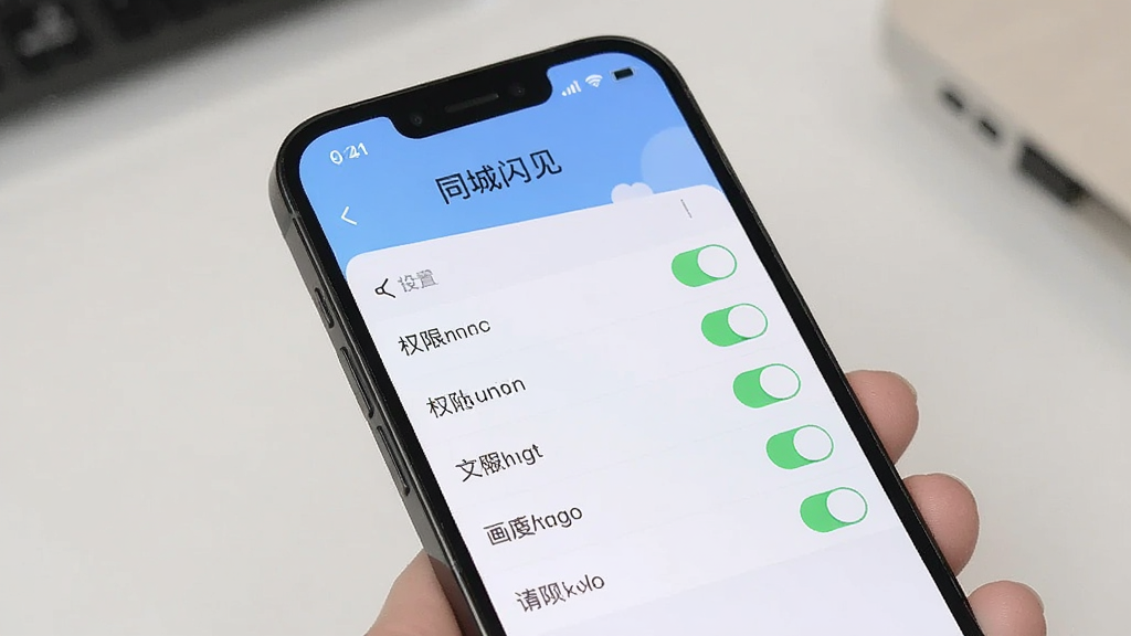 主体为一部手机屏幕显示“同城闪见”的设置页面,布局清晰,排版整洁,风格简洁,细节包括权限开关列表,画质高清干净