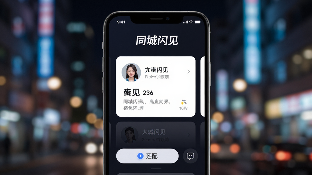 主体为一部亮屏的智能手机,屏幕显示同城闪见的主界面,顶部有“同城闪见”品牌字样,下方是卡片式用户头像与简介,背景为模糊的城市夜景,布局居中,排版简洁,风格现代时尚,细节包括界面中的匹配按钮和消息图标,画质高清干净,无多余元素