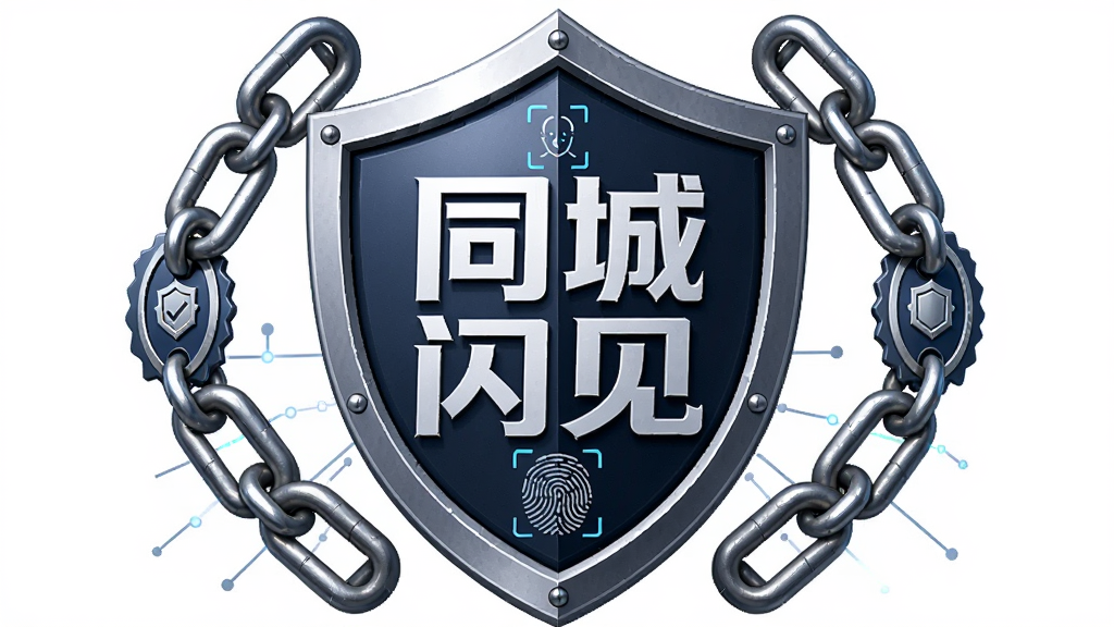 主体为一个盾牌图标内嵌“同城闪见”字样,周围环绕着锁链和认证徽章,布局居中,排版对称,风格稳重科技感,细节包括指纹和人脸识别图形,画质清晰干净