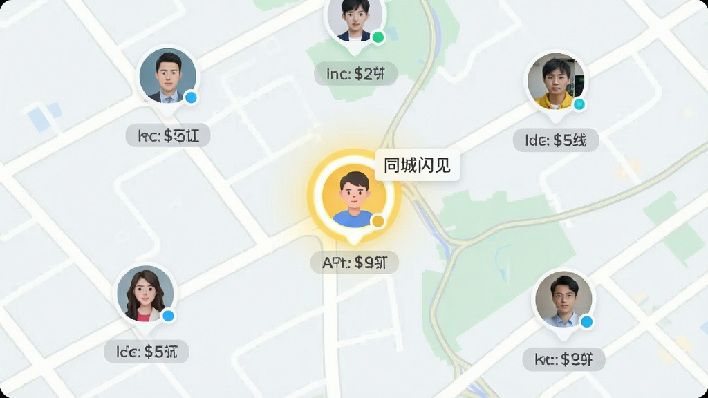 主体为一张地图界面,地图上有多个用户头像标记,其中一个高亮显示并带有“同城闪见”小标签,布局为俯视视角,排版清晰,风格简约清爽,细节包括距离提示和在线状态圆点,画质干净无多余元素