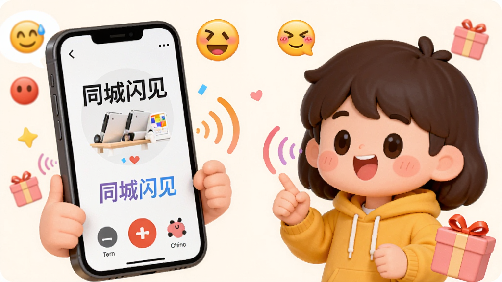 主体为两个卡通人物正在通过手机进行语音通话,屏幕上有“同城闪见”字样和音浪特效,布局左右对称,排版活泼,风格可爱温馨,细节包括表情符号和礼物图标,画质高清干净