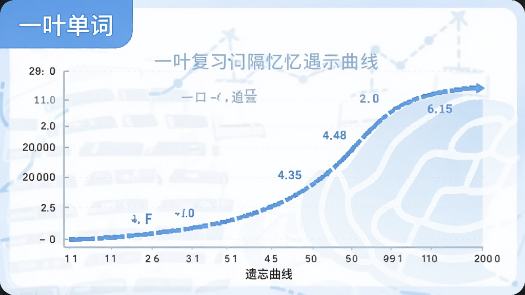 一叶单词记忆曲线示意图,展示单词复习间隔与遗忘曲线,图表风格扁平化,色彩以蓝白为主,布局清晰,标注“一叶单词”字样,画质干净,无多余元素