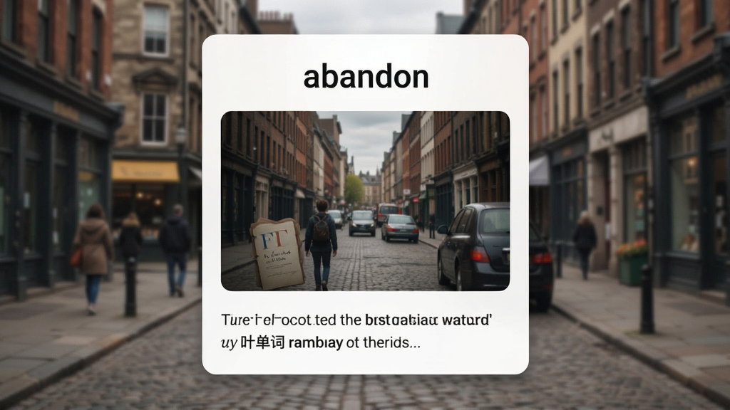 一叶单词情景联想功能界面,显示单词“abandon”配图与例句,背景为街景,卡片式布局,风格写实,细节丰富,画质高清,干净,无多余元素