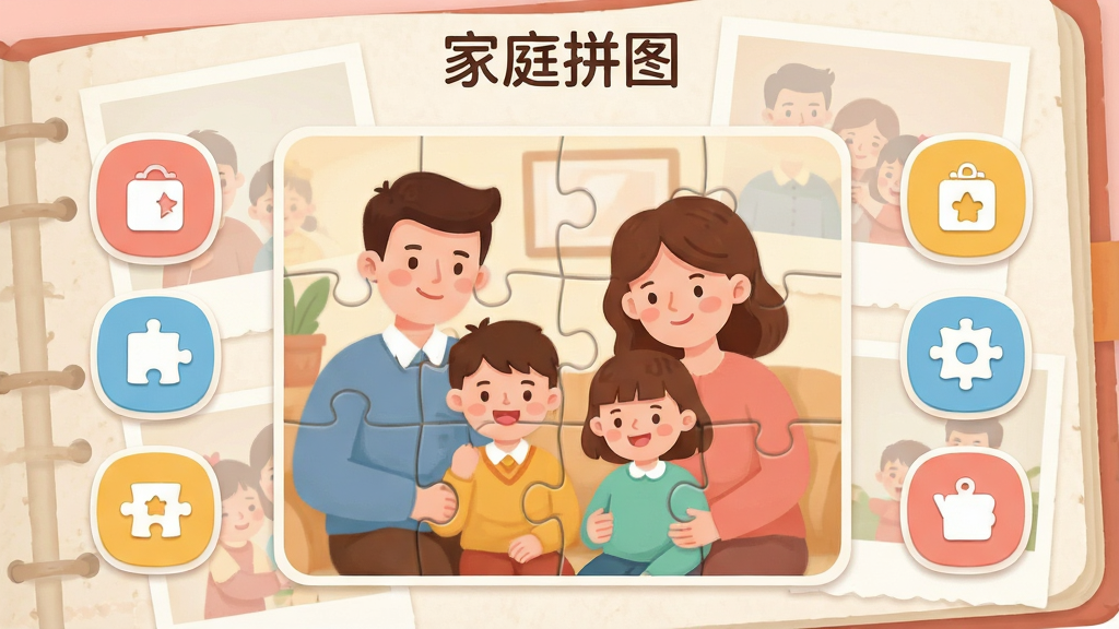 主体:家庭拼图软件主界面,展示温馨家庭照片拼图场景,界面整洁明亮。布局:中央为拼图区域,周围环绕功能按钮,顶部有标题“家庭拼图”。排版:左右对称,色彩柔和,图标清晰。风格:扁平化设计,卡通可爱风格,家庭氛围浓厚。细节:拼图块边缘圆润,背景有淡淡的家庭相册纹理。画质:高清渲染,色彩鲜艳,干净无多余元素。
