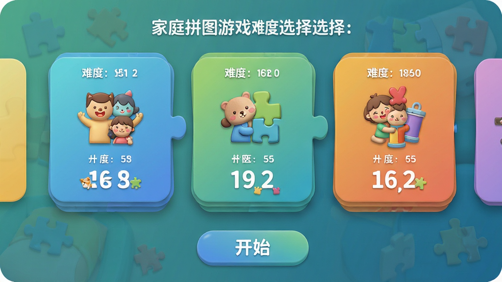 主体:家庭拼图游戏难度选择界面,展示不同拼图块数量选项。布局:横向滑动卡片,每张卡片标注难度和块数,底部有开始按钮。排版:卡片式设计,颜色渐变,层次分明。风格:现代简约,带有儿童友好元素。细节:难度等级图标形象,数字清晰。画质:高清渲染,色彩舒适,干净无多余元素。