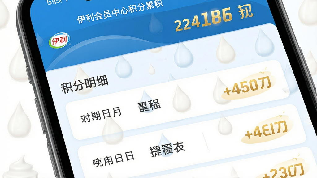 主体:伊利会员中心积分累积界面,显示“积分明细”列表。布局:手机屏幕内从上到下展示积分收入与支出记录,顶部有总积分余额。排版:列表项包含日期、项目名称、积分变动数字。风格:清新简约风格,蓝白配色。细节:背景有淡淡的奶滴图案,积分数字用金色高亮显示。画质:细腻清晰,干净,无多余元素。