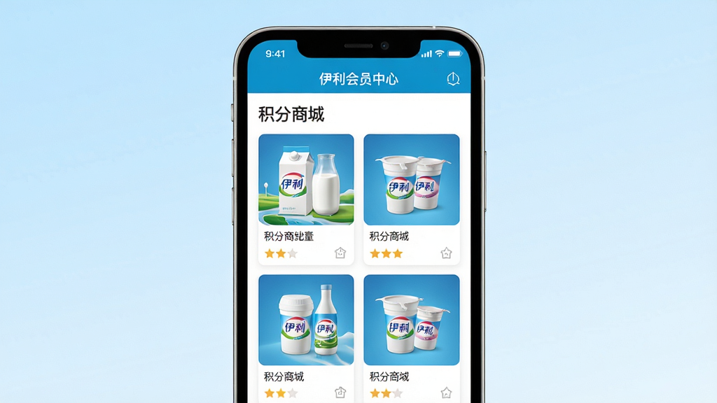 主体:伊利会员中心手机应用使用场景,展示用户正在浏览积分商城页面。布局:手机位于中央,屏幕内显示“积分商城”商品列表,背景为浅蓝色渐变。排版:界面元素整齐,商品卡片均匀排列。风格:现代感强,色彩明亮。细节:手机屏幕上方有“伊利会员中心”字样,商品图片为牛奶和酸奶。画质:高清,干净,无多余元素。