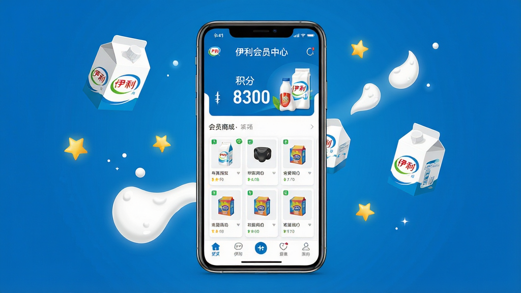 主体:伊利会员中心手机应用界面,展示积分商城页面,包含“伊利会员中心”字样与乳制品元素。布局:手机居中,屏幕内显示积分数字、商品列表、底部导航栏。排版:界面简洁清晰,功能图标排列有序。风格:现代扁平化设计,色彩以伊利品牌蓝色和白色为主。细节:手机周围有漂浮的牛奶盒、奶滴、星星特效,突出会员权益与积分氛围。画质:高清渲染,干净,无多余元素。