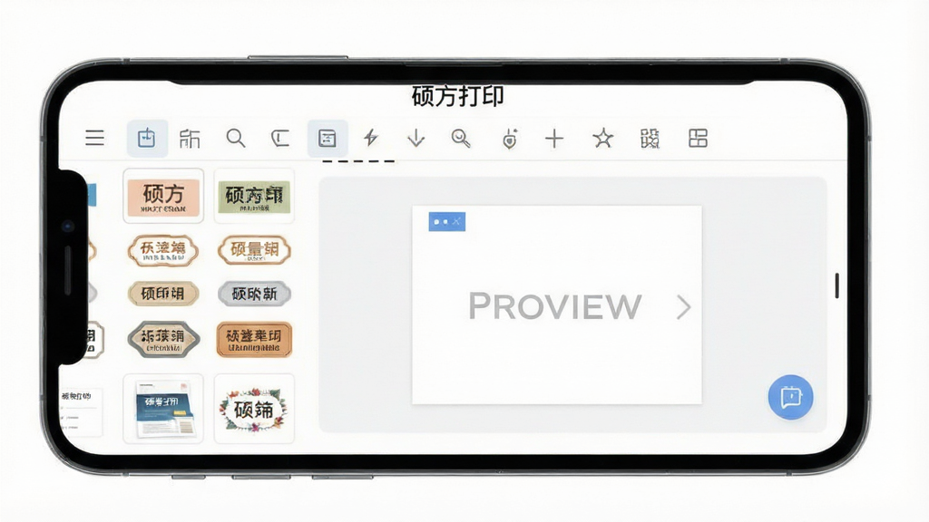 一张展示硕方打印APP在手机上运行的界面预览图,主体是手机屏幕正显示标签编辑页面,布局以简洁的编辑工具栏和预览区域为主,排版清爽,风格为现代扁平化UI设计,细节包含多种标签模板缩略图,画质清晰干净,无多余元素,屏幕上方显示“硕方打印”字样