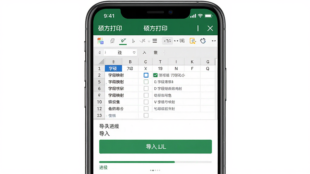 硕方打印APP的数据导入功能演示图,主体是手机屏幕显示Excel文件导入界面,布局为数据表格预览和导入按钮,排版专业,风格商务简洁,细节包含字段映射选项和导入进度条,画质清晰,干净无多余元素,屏幕上有“硕方打印”字样