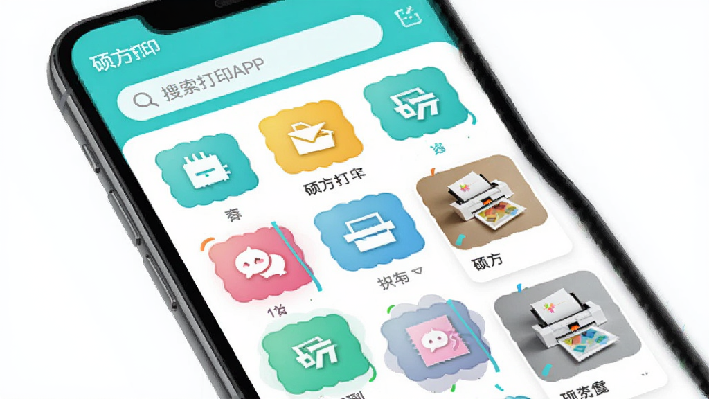 硕方打印APP的云端资源库界面,主体是手机屏幕展示多个分类的素材图标,布局为瀑布流展示,排版活泼,风格清新,细节包含搜索框和素材预览卡片,画质清晰,干净无多余元素,屏幕上有“硕方打印”字样