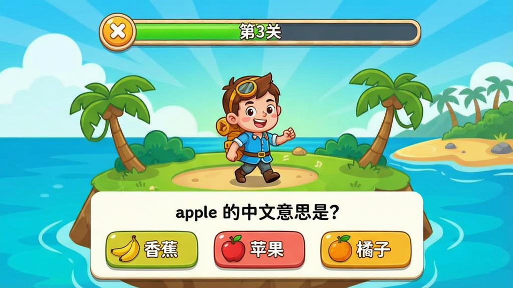���壺���Ե����ܼǵ��ʵ�Ȥζ���ؽ��棬��ʾһ����ͨ��ɫ�ڵ�����ǰ�������֣���Ļ�Ϸ��ǹؿ����������·��ǵ���ѡ���⡣�Ű棺��Ϸ�����棬ɫ�����ޡ���񣺿�ͨð�շ��ϸ�ڣ��ؿ��������ϱ�ע����3�ء���ѡ������ʾ��apple ��������˼�ǣ�����ѡ���С��㽶������ƻ�����������ӡ��������Ǻ����羰�����ʣ����壬�ɾ����޶���Ԫ�ء�