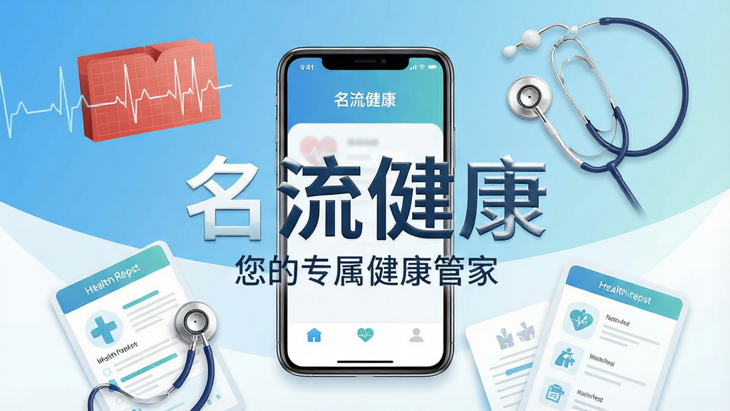 一幅现代简约风格的宣传海报,主体为“名流健康”APP界面在手机上的展示,周围环绕着心电图、听诊器、健康报告等医疗元素,背景为清新的蓝白渐变色调,主标题“名流健康”四个大字居中,下方副标题“您的专属健康管家”,布局平衡,排版大气,风格专业且亲和,细节丰富,画质高清,干净无多余元素