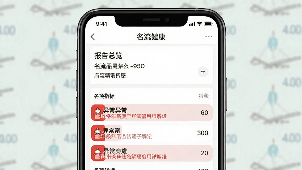 一张手机APP界面截图,展示“名流健康”的电子报告页面,上方为报告总览,下方为各项指标列表,异常项用红色标注并附有解读文字,整体设计简洁直观,背景为白色,信息层级分明,排版舒适,画质高清,干净无多余元素