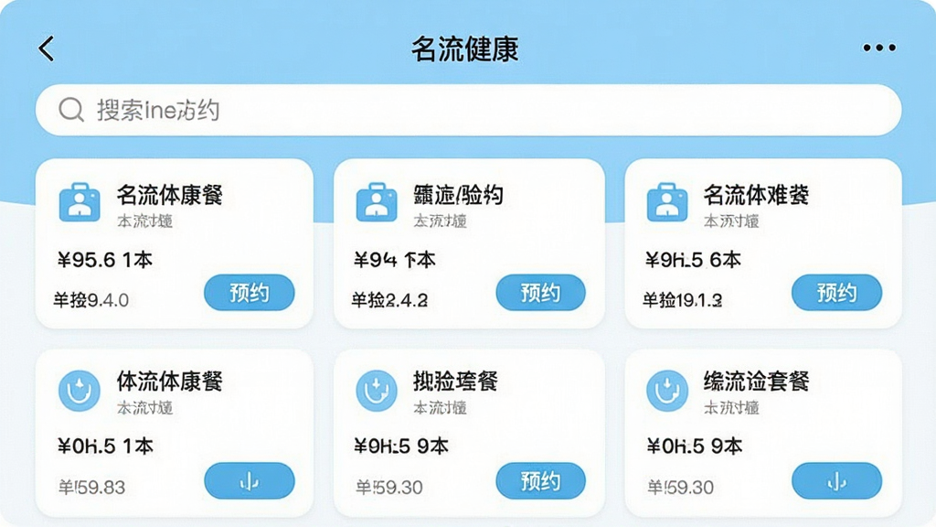 一张手机APP界面截图,展示“名流健康”的体检预约功能页面,顶部为搜索栏,下方以卡片形式排列多个体检套餐,每个卡片显示套餐名称、价格和预约按钮,界面风格清爽,以浅蓝色为主色调,图标简洁,布局整齐,排版清晰,画质高清,干净无多余元素