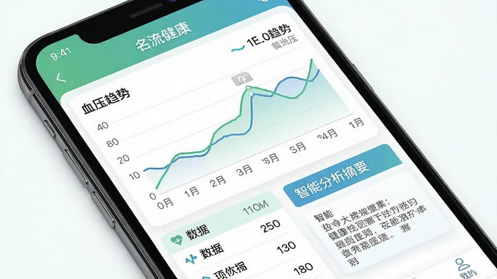 一张手机APP界面截图,展示“名流健康”的健康档案页面,以折线图展示血压趋势,下方有数据列表和智能分析摘要,色彩搭配和谐,以绿色和蓝色为主,布局清晰,排版美观,画质高清,干净无多余元素