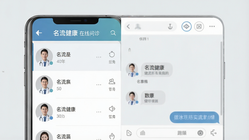 一张手机APP界面截图,展示“名流健康”的在线问诊页面,左侧为医生列表,右侧为聊天窗口,背景为淡灰色,医生头像和名字清晰可见,界面风格专业,布局合理,排版简洁,画质高清,干净无多余元素