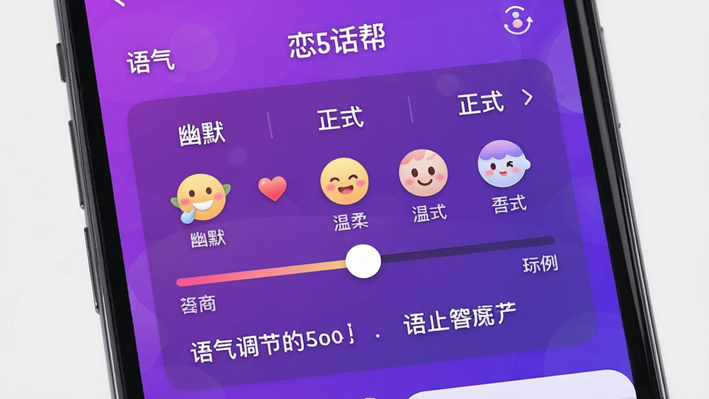 主体:手机界面展示“恋话帮”语气调节面板,有滑块和不同语气图标。布局:面板居中,上方为语气名称,下方为滑块和示例文字。排版:滑块从左到右代表不同语气强度,示例文字随滑块变化。风格:紫色渐变背景,现代感强。细节:语气名称如“幽默”、“温柔”、“正式”等。画质:清晰,颜色鲜艳,无多余元素。