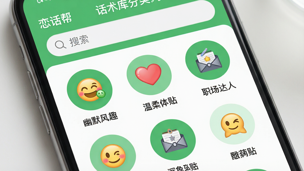 主体:手机界面展示“恋话帮”话术库分类列表,包含“幽默风趣”、“温柔体贴”、“职场达人”等分类。布局:上方为搜索栏,下方为分类网格。排版:分类图标排列整齐,每个图标下方有名称。风格:清新简约,绿色和白色配色。细节:分类图标为圆形,内部有表情符号。画质:高清,柔和光线,无多余元素。