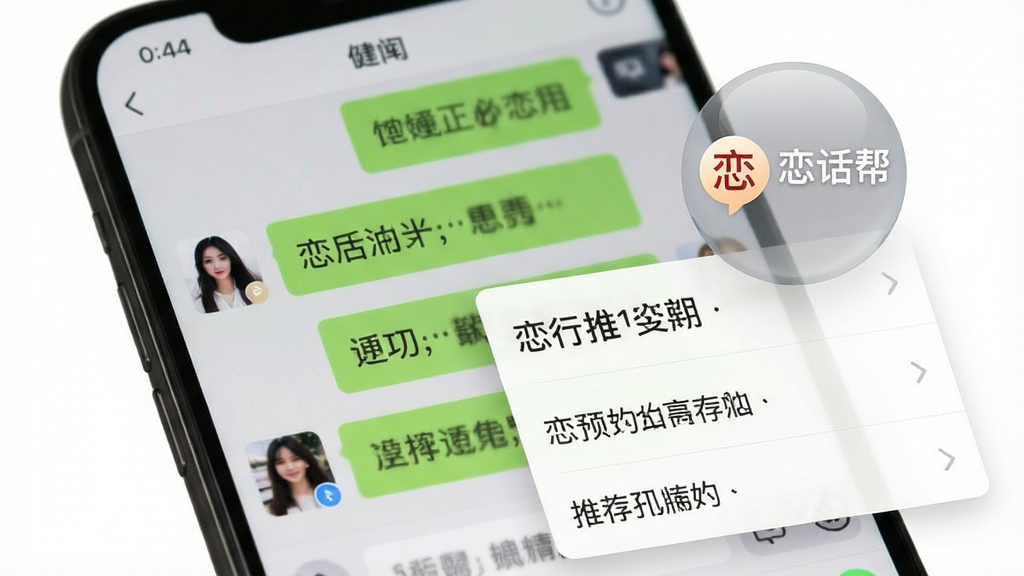 主体:手机屏幕显示聊天界面,右侧有一个半透明的“恋话帮”悬浮球,点击后展开话术列表。布局:聊天背景为微信风格,悬浮球在屏幕边缘。排版:悬浮球下方弹出卡片,显示几条推荐话术。风格:模拟真实手机截图,简洁自然。细节:悬浮球上有“恋”字图标,卡片内容为短句。画质:高清,细节丰富,无多余元素。