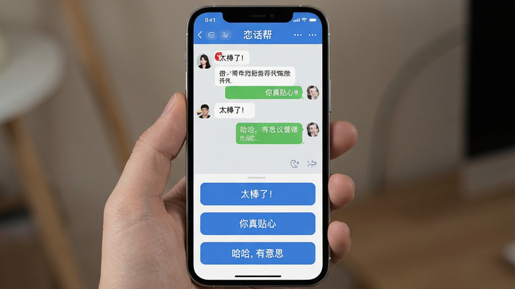 主体:手机界面展示“恋话帮”智能推荐功能,上方为对话内容,下方为三个推荐回复按钮。布局:手机竖屏展示,对话区域占上半部分,推荐按钮排列在底部。排版:推荐按钮依次排列,每个按钮内有简短文字。风格:界面简洁,浅灰色背景,蓝色按钮。细节:按钮文字如“太棒了!”“你真贴心”“哈哈,有意思”。画质:清晰锐利,色彩自然,无多余元素。