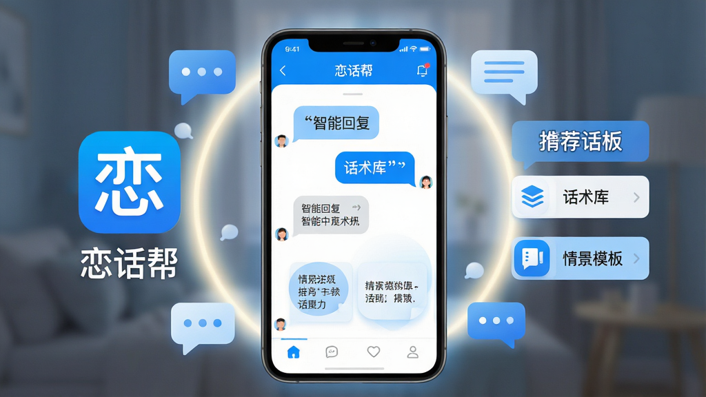 主体:智能手机屏幕展示“恋话帮”应用界面,界面中有对话气泡和推荐话术卡片。布局:手机居中,屏幕内容清晰可见,周围有柔和的光晕和聊天气泡装饰。排版:左侧为应用图标和名称“恋话帮”,右侧为功能列表。风格:现代扁平化设计,色彩明快,以蓝色和白色为主色调。细节:屏幕中显示“智能回复”、“话术库”、“情景模板”等文字标签。画质:高清渲染,干净明亮,无多余元素。