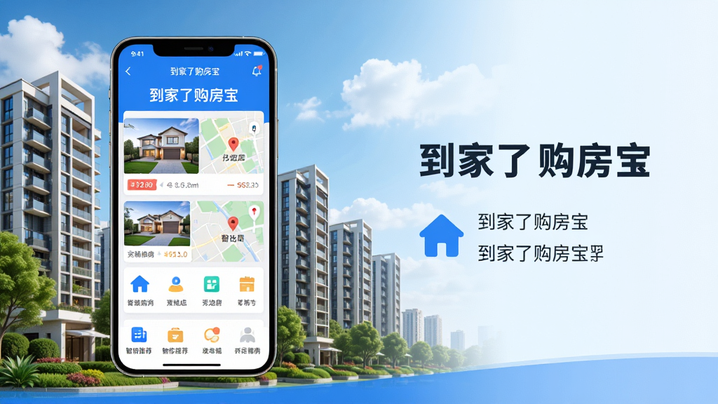 主体:手机屏幕展示“到家了购房宝”APP界面,界面中有房源列表、地图找房、智能推荐等模块,背景为现代城市住宅楼群。布局:手机位于画面中央偏左,右侧配以简洁的图标和文字说明,整体呈横向构图。排版:手机界面清晰可见,信息层级分明,主标题“到家了购房宝”居中,下方为功能图标排列。风格:写实与扁平化结合,色彩明快,以蓝色和白色为主色调。细节:手机屏幕内显示房源图片、价格标签、位置标记,背景有蓝天白云和绿色植被。画质:高清渲染,干净,无多余元素。