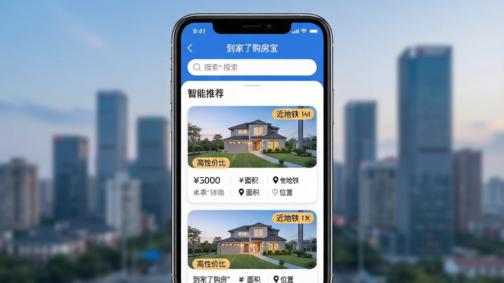 主体:手机APP界面展示“到家了购房宝”的智能推荐页面,上方为搜索栏,下方为房源卡片流。布局:手机居中,界面顶部显示“智能推荐”字样,卡片式布局排列。排版:卡片包含房源图片、价格、面积、位置等信息,清晰易读。风格:现代简约,蓝白配色,卡片圆角设计。细节:推荐房源标注“高性价比”、“近地铁”等标签,背景为模糊的城市景观。画质:高清,干净,无多余元素。