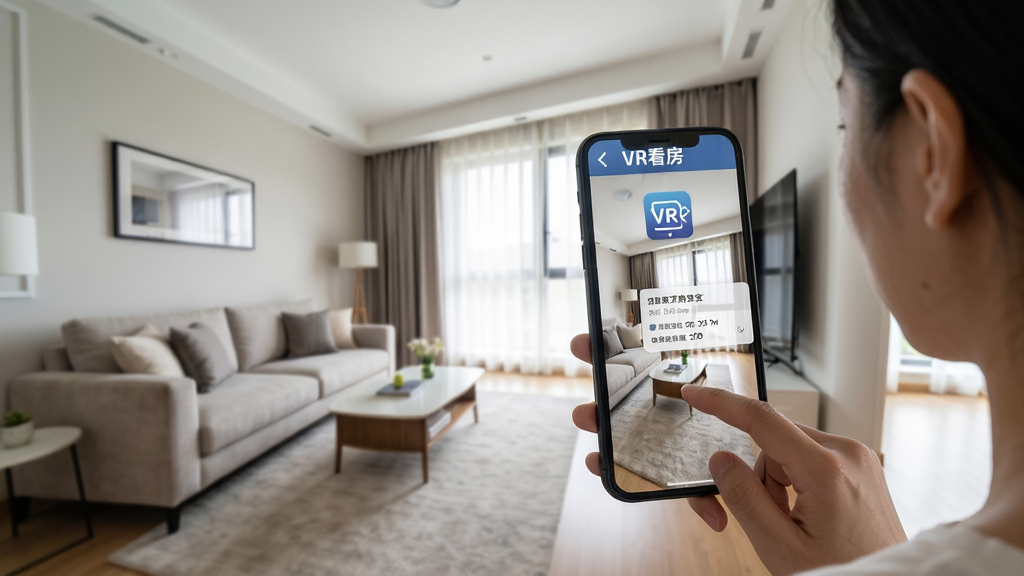 主体:用户手持手机观看“到家了购房宝”VR看房画面,手机屏幕内显示房源客厅全景。布局:人物位于画面右侧,手机屏幕朝向镜头,左侧为VR视角的室内空间。排版:屏幕内显示“VR看房”图标和房源信息浮层。风格:写实风格,光线自然,室内明亮。细节:客厅装修现代,沙发、茶几、窗帘清晰可见,人物手指滑动屏幕。画质:高清,干净,无多余元素。
