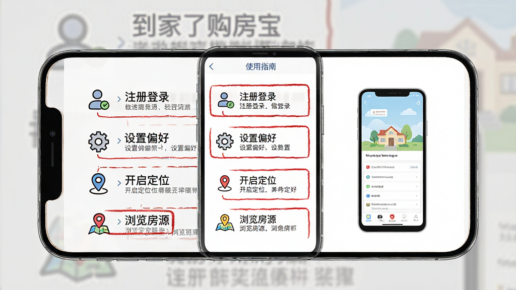 主体:手机展示“到家了购房宝”的“使用指南”页面,屏幕内显示图文步骤。布局:手机居中,左侧为步骤列表,右侧为示意图。排版:文字清晰,重点步骤用红色框标注。风格:简洁教学风格,背景为浅灰色。细节:步骤包括“注册登录”、“设置偏好”、“开启定位”、“浏览房源”,每个步骤配有简单图标。画质:高清,干净,无多余元素。