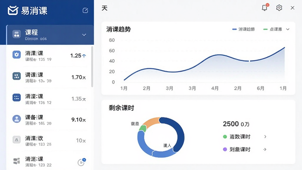 易消课软件主界面预览图,展示清爽的深蓝色与白色搭配,左侧为课程列表,右侧为数据统计看板,包含消课趋势折线图、剩余课时环形图,整体风格简洁现代,UI元素排列整齐,画质干净无多余元素,突出“易消课”品牌名称