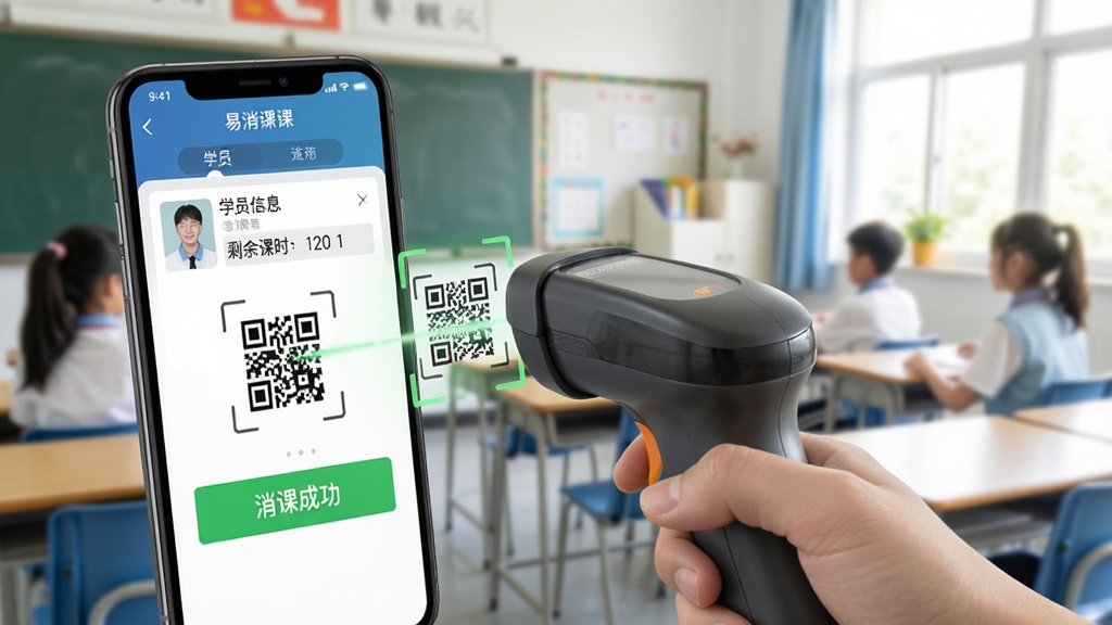易消课消课操作界面,展示手机端扫码枪扫描学员二维码的瞬间,屏幕显示学员信息与剩余课时,背景为明亮的教室环境,界面清晰标注“消课成功”提示,风格写实,细节丰富,画质干净