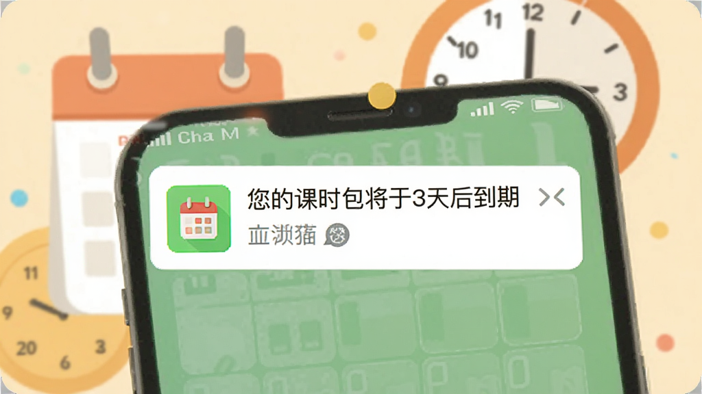 易消课到期提醒功能示意图,手机屏幕展示微信通知样式,显示“您的课时包将于3天后到期”,背景为日历与时钟元素,整体风格扁平化,色彩温馨,UI布局合理,画质清晰