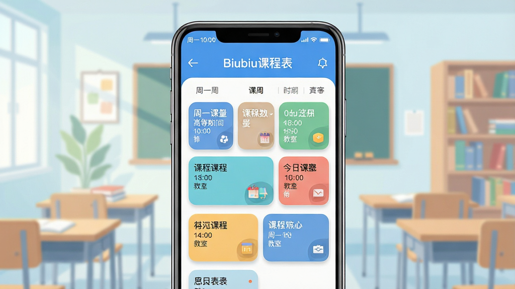 主体:一部智能手机屏幕显示Biubiu课程表主界面,界面以清新蓝白配色为主,课程卡片色彩分明。布局:手机居中,屏幕内容清晰可见,背景为淡雅的教室或图书馆场景。排版:界面顶部显示“Biubiu课程表”字样,下方为周课表网格,课程名称、时间、教室标注清楚。风格:扁平化插画风格,明亮清新,符合学生审美。细节:课程卡片带有圆角阴影,图标精致,状态栏显示“周一 10:00 高等数学”。画质:高清,干净,无多余元素。