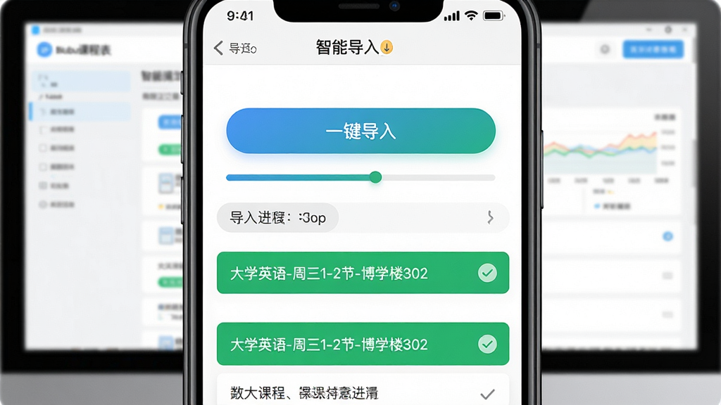 主体:Biubiu课程表应用内的“智能导入”功能界面,手机屏幕上显示导入进度条和成功提示。布局:手机屏幕特写,背景为模糊的电脑教务系统页面。排版:界面中央有醒目的“一键导入”按钮,下方列表展示已识别的课程信息如“大学英语-周三1-2节-博学楼302”。风格:写实与扁平结合,界面清晰。细节:导入成功的课程条目以绿色高亮显示,并伴有对勾图标。画质:高分辨率,干净明亮,无多余元素。