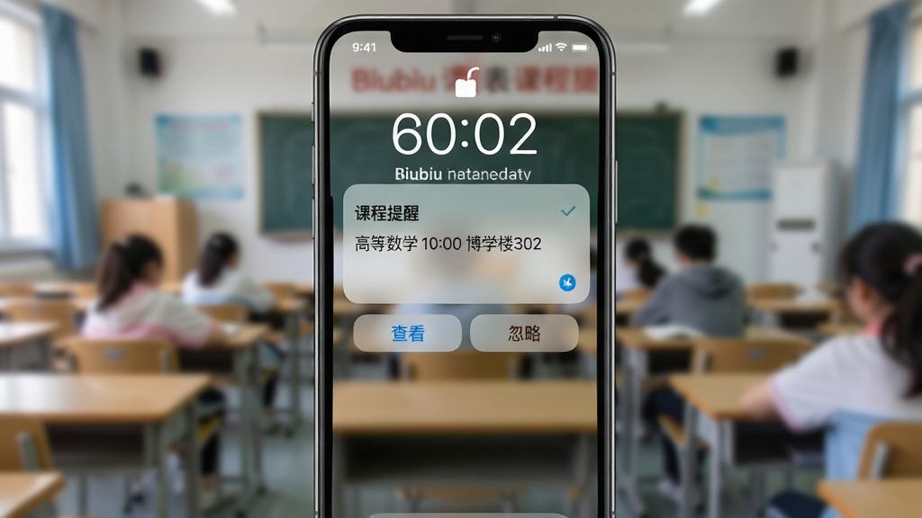 主体:Biubiu课程表课程提醒通知界面,手机锁屏上显示一条课程提醒。布局:手机居中,锁屏界面清晰显示通知内容。排版:通知标题为“课程提醒”,内容为“高等数学 10:00 博学楼302”,下方有“查看”和“忽略”按钮。风格:写实风格,模拟真实手机锁屏。细节:通知横幅采用毛玻璃效果,背景为模糊的教室照片。画质:高清,干净,无多余元素。