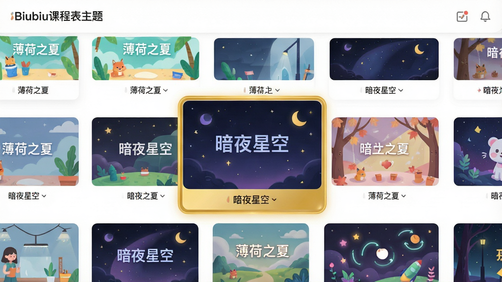主体:Biubiu课程表主题选择页面,展示多款不同风格的主题缩略图。布局:页面以网格形式排列主题卡片,当前选中的主题放大居中显示。排版:每个主题卡片下方标注主题名称如“薄荷之夏”、“暗夜星空”,选中主题有金色边框高亮。风格:扁平化UI设计,色彩丰富。细节:背景为纯白色,主题预览图清晰展示实际应用效果。画质:高清,干净,无多余元素。