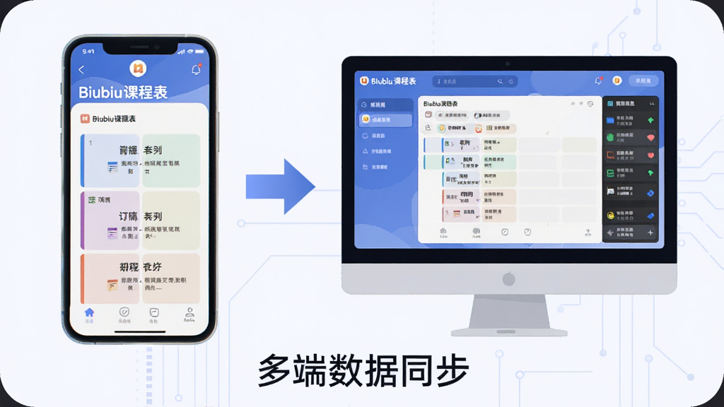 主体:Biubiu课程表使用指南示意图,手机连接电脑模拟器。布局:左侧手机屏幕显示课表,右侧电脑屏幕显示模拟器界面,中间用箭头连接。排版:下方配有文字说明“多端数据同步”。风格:扁平化插画,科技感。细节:手机和电脑屏幕内均显示“Biubiu课程表”界面。画质:高清,干净,无多余元素。