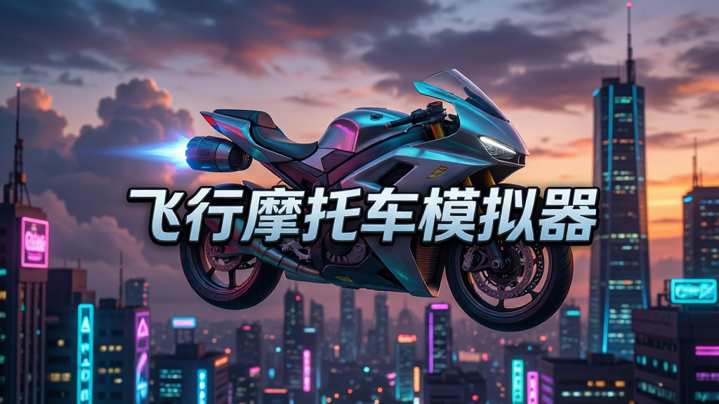 飞行摩托车模拟器游戏主界面,一辆流线型喷气摩托悬浮在霓虹都市上空,背景是黄昏云层与高楼大厦,画面中央显示“飞行摩托车模拟器”游戏Logo,整体风格写实科幻,光影细腻,色彩鲜艳,构图平衡,细节丰富,8K画质,干净无多余元素