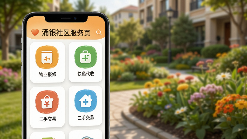 涌银社区服务页面,手机屏幕显示物业报修、快递代收、二手交易等图标,背景为小区花园的模糊景象,界面采用卡片式布局,图标颜色鲜明,风格温馨,画质清晰,无多余元素