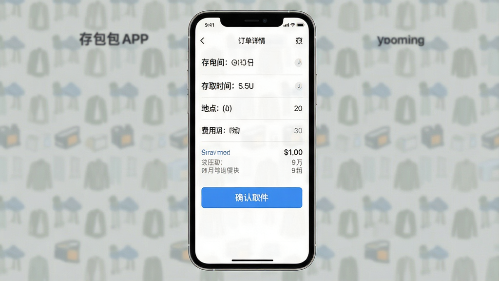 存包包APP订单详情界面,显示存取时间、地点、费用明细,蓝色按钮“确认取件”,界面简洁,信息清晰,扁平化设计,高画质,干净无多余元素
