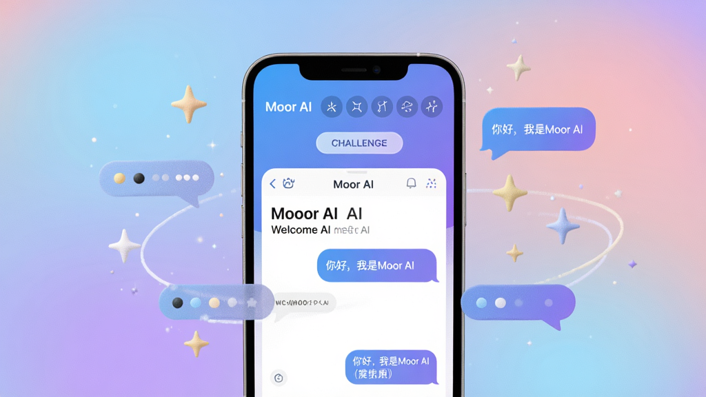 ���壺Moor AIӦ�ý���չʾ��һ�������ֻ���Ļ��ʾMoor AI���촰�ڣ��Ϸ�������ͼ�����ս��ť�����֣��ֻ����У�����Ϊ��͵Ľ���ɫ����Χ��Ư�����ǹ�ͶԻ����ݣ��Ű棺�ֻ���Ļ���������ɼ����Ի����ݴ������£�����ִ��Ƽ�������ܰ������ϣ�ɫ����������ɫ��Ϊ��ɫ����ɫ���䣻ϸ�ڣ���Ļ���С�Moor AI�������ͻ�ӭ���������ʾ���֡���ã�����Moor AI�������ʣ�������Ⱦ���ɾ��޶���Ԫ��