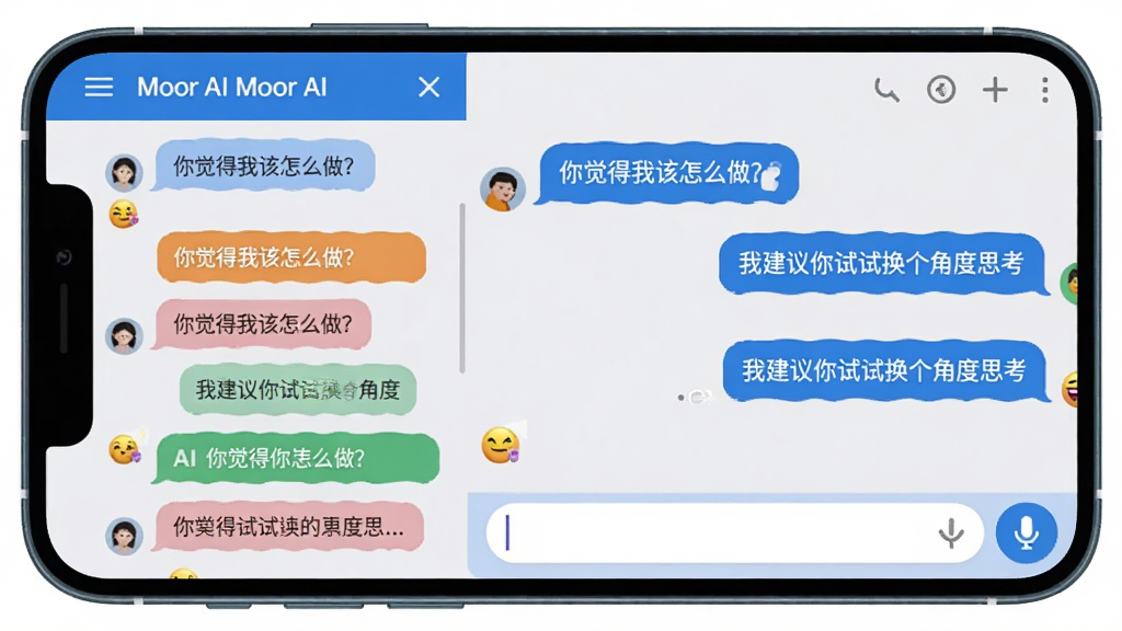 ���壺Moor AI���ܶԻ����棬�ֻ���Ļ����ʾ���ֶԻ���¼���������ֺͱ�����ţ����֣��ֻ�����չʾ������ǶԻ��б����Ҳ������촰�ڣ��Ű棺�Ի������в�ͬ��ɫ�����û���AI���ײ�����������˷�ͼ�ꣻ��񣺱�ƽ����ƣ���ɫ����������Ϊǳ��ɫ��ϸ�ڣ���������ʾ��������Ҹ���ô�������͡��ҽ��������Ի����Ƕ�˼���������֣����ʣ������������޶���Ԫ��