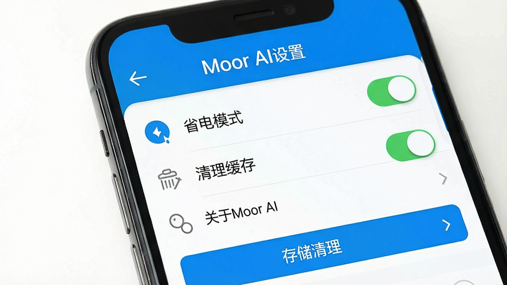 ���壺�ֻ���Moor AI���ý��棬��Ļ��ʾʡ��ģʽ���غʹ洢������ť�����֣���Ļ�Ϸ��Ǳ��������·����������б���ÿ����Ŀ��ͼ��Ϳ��أ��Ű棺�б�ʽ���֣�����Ϊ��ɫ����񣺼������磬��ɫ��������ɫ������ϸ�ڣ������֡�ʡ��ģʽ�������������桱�͡�����Moor AI�������ʣ��ɾ��������޶���Ԫ��