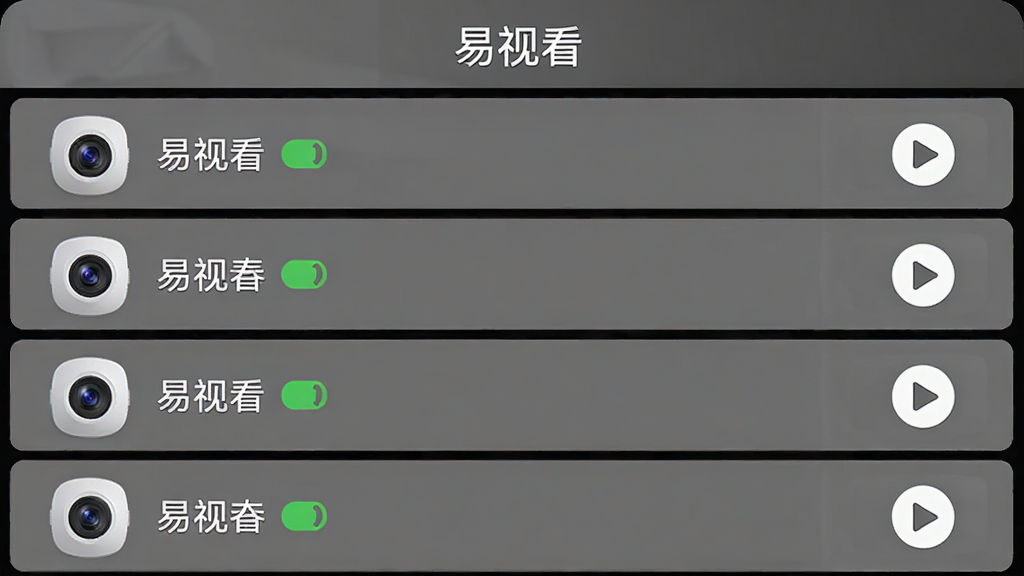 主体:易视看APP的设备列表界面,布局:列表式排版,每行显示摄像头名称和状态图标,排版:从上到下依次排列,风格:简洁现代,细节:界面顶部有“易视看”字样,每个设备右侧有播放按钮,画质:高清,干净,无多余元素