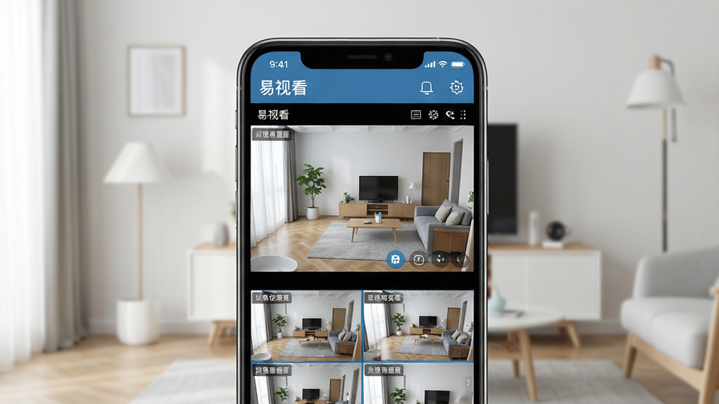 主体:一部智能手机屏幕显示易视看监控界面,画面中有清晰的室内监控画面,布局:手机居中,屏幕内容放大展示,周围有简约的家居环境,排版:手机为视觉中心,界面元素清晰可见,风格:写实科技风,细节:手机屏幕中显示“易视看”字样和监控画面缩略图,画质:高清,干净,无多余元素