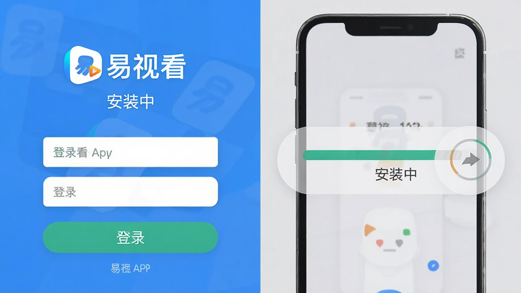 主体:易视看APP的登录界面和安装界面,布局:左右分屏,左侧是登录表单,右侧是手机安装进度条,排版:简洁清晰,风格:扁平化设计,细节:界面显示“易视看”Logo和“安装中”字样,画质:高清,干净,无多余元素
